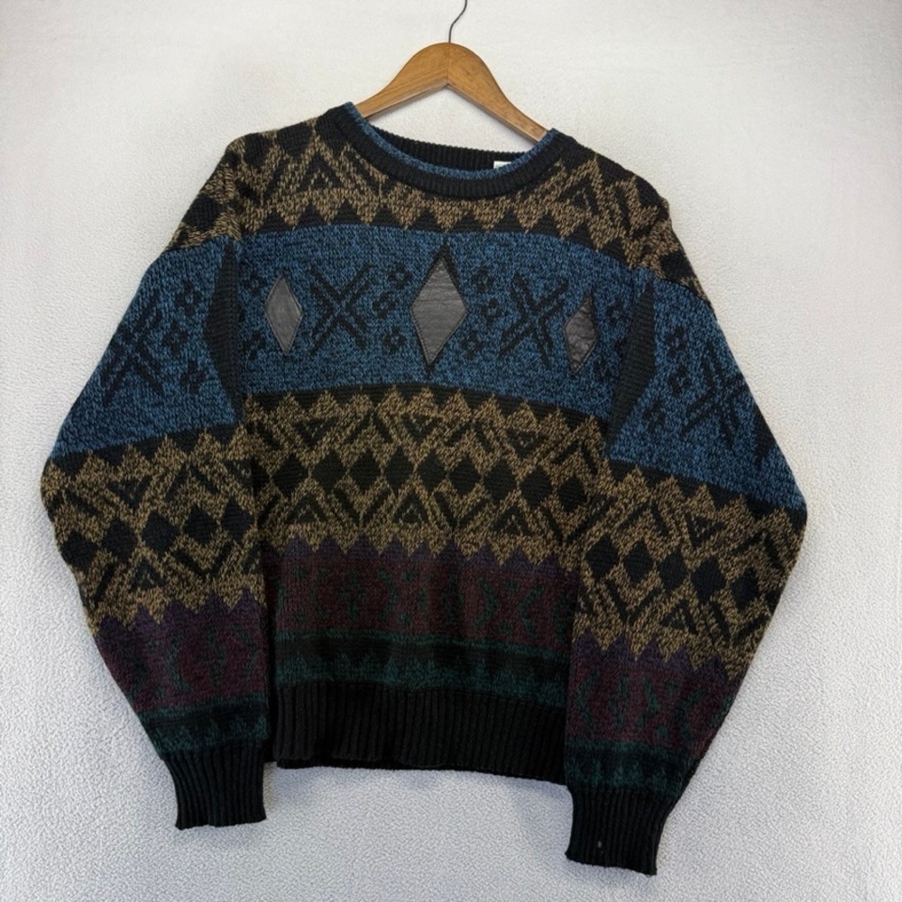 Vintage Urban Works Sweater Mens Large Multicolor Geometric Leather Trim Grandpa